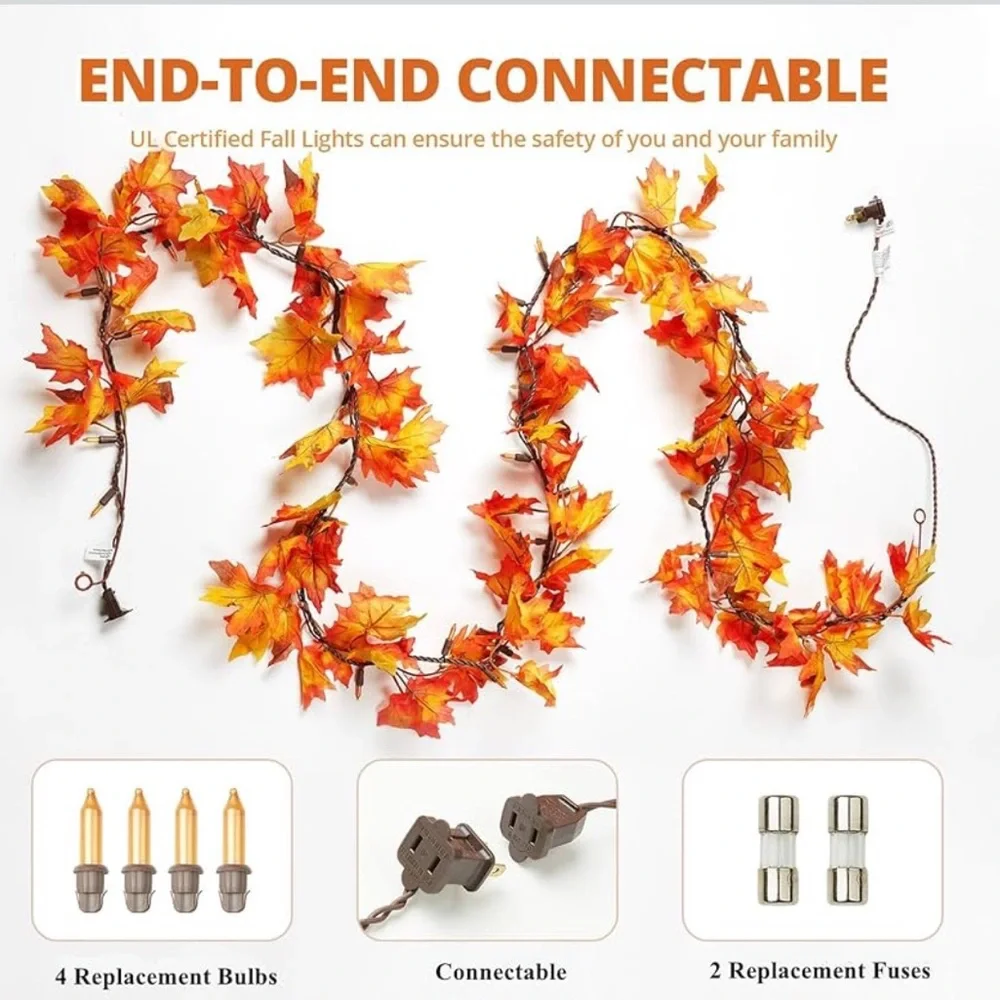 Fall Leaves Thanksgiving Garland with Lights 9FT Plug Fall Garland Fall Lights